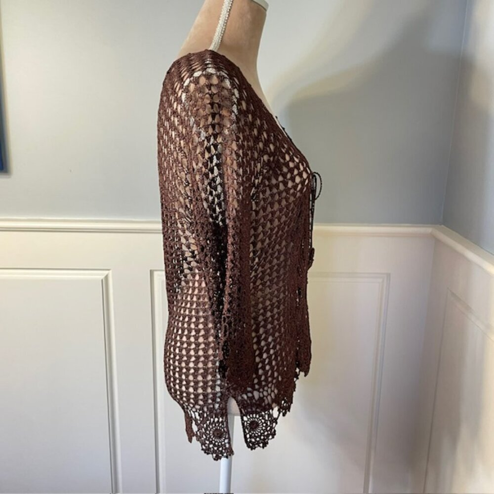 Vintage Y2k Fairy Cottagecore Crochet Knit Brown Sweater Cardigan OS - Picture 8 of 11